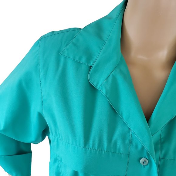 Vintage 80s Shirt Dress Women's Medium Green Career Secretary Pockets Belt Midi - Picture 9 of 14